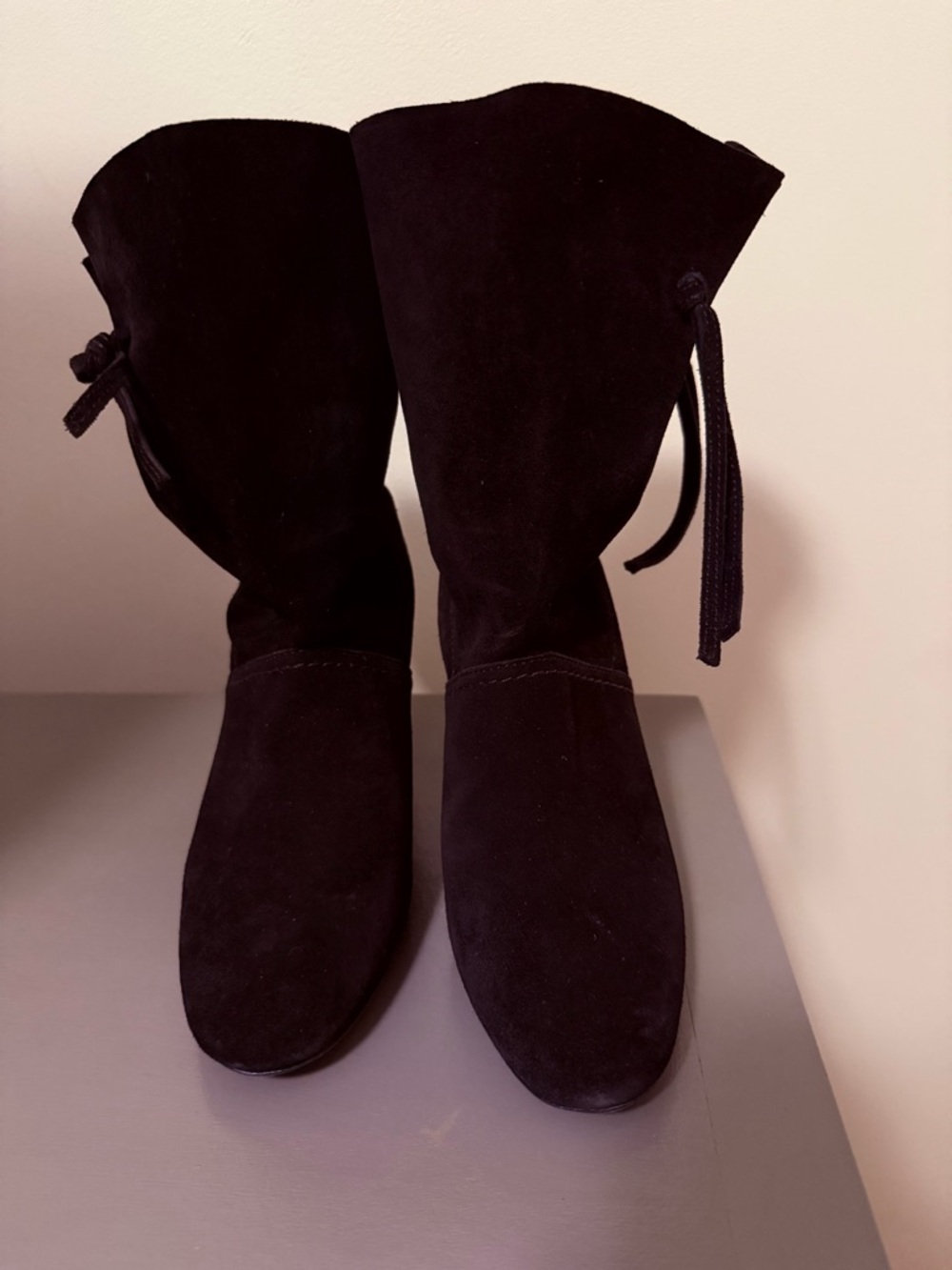 Tory Burch Black Suede Mid-Calf Side Tie Heeled Boots